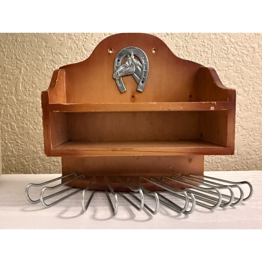 Vintage Tie Holder Horse Metal Embellishments Drawer Tie Tack Wooden Wall Hanger